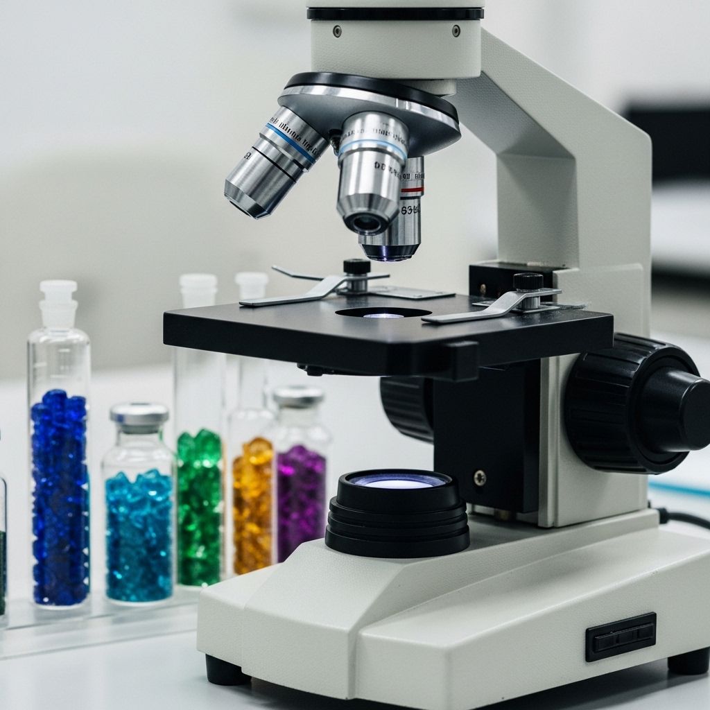 Microscope optique posé sur une paillasse de laboratoire à côté de flacons en verre contenant des cristaux colorés, lumière de laboratoire froide et précise créant un reflet sur la surface métallique, évoquant la recherche en biochimie et micronutrition