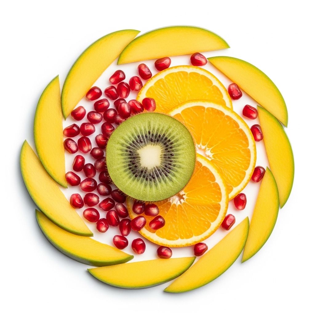 Assortiment coloré de fruits tropicaux tranchés — kiwi vert, orange vive, grenades rouges, mangue jaune — disposés en cercle sur fond blanc, lumière studio douce et égale révélant chaque texture, évoquant la richesse naturelle en vitamines et minéraux