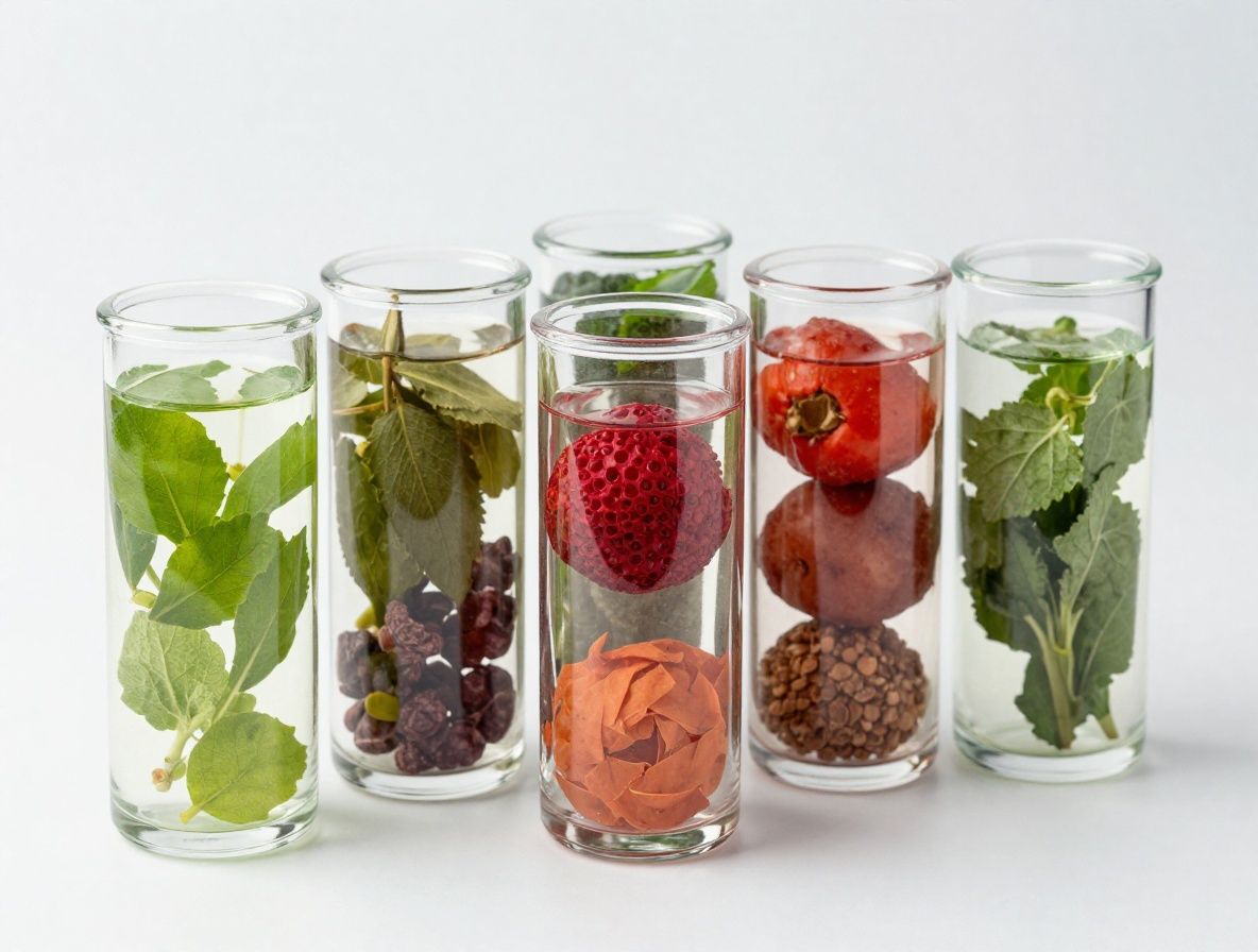 Assortiment de capsules transparentes avec des graines et des baies colorées disposées sur une surface blanche, représentant des compléments alimentaires naturels à base de plantes