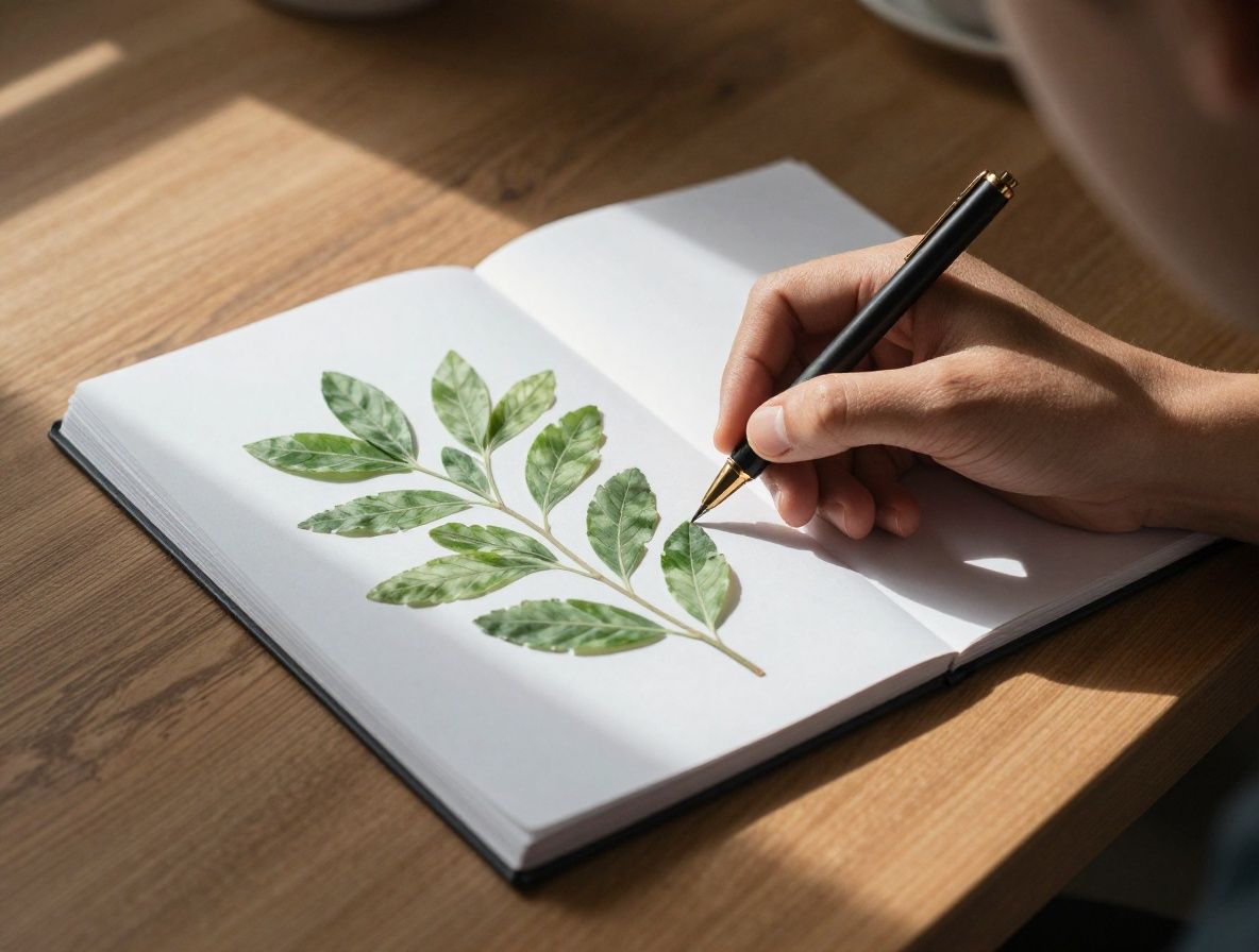 Table en bois avec un cahier ouvert, un stylo, des feuilles de plantes vertes fraîches et une tasse de thé dans une lumière naturelle douce et directionnelle