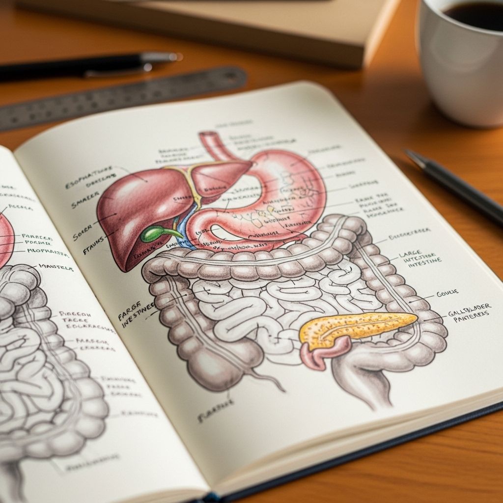 Gros plan sur un carnet de notes ouvert avec des croquis anatomiques du système digestif humain tracés à l'encre sur fond crème, lumière d'étude chaude et directionnelle, atmosphère studieuse et académique