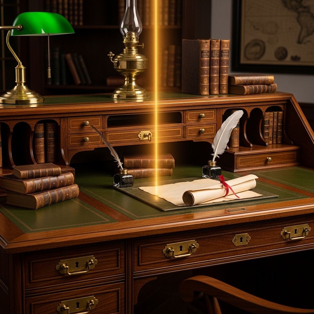 Bureau d'étude avec livres ouverts, stylo et loupe posée sur une page de texte scientifique en noir et blanc, lumière de bureau focalisée créant un contraste dramatique entre la zone éclairée et l'ombre environnante