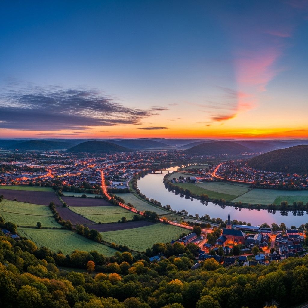 Panorama aérien d'une forêt dense traversée par un sentier sinueux au lever du soleil, brume légère entre les arbres, rayons de lumière dorée perçant le feuillage, évoquant la connexion entre la nature et le bien-être holistique